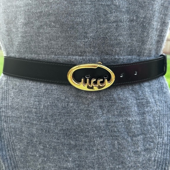 Vintage Gucci Gold Buckle & Black Leather Gucci Belt | Made in Italy | Size 36 - Picture 5 of 12